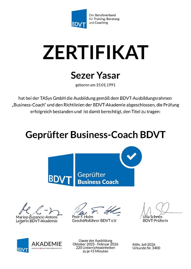 Zertifikat Zertifizierter Business-Coach (BDVT)