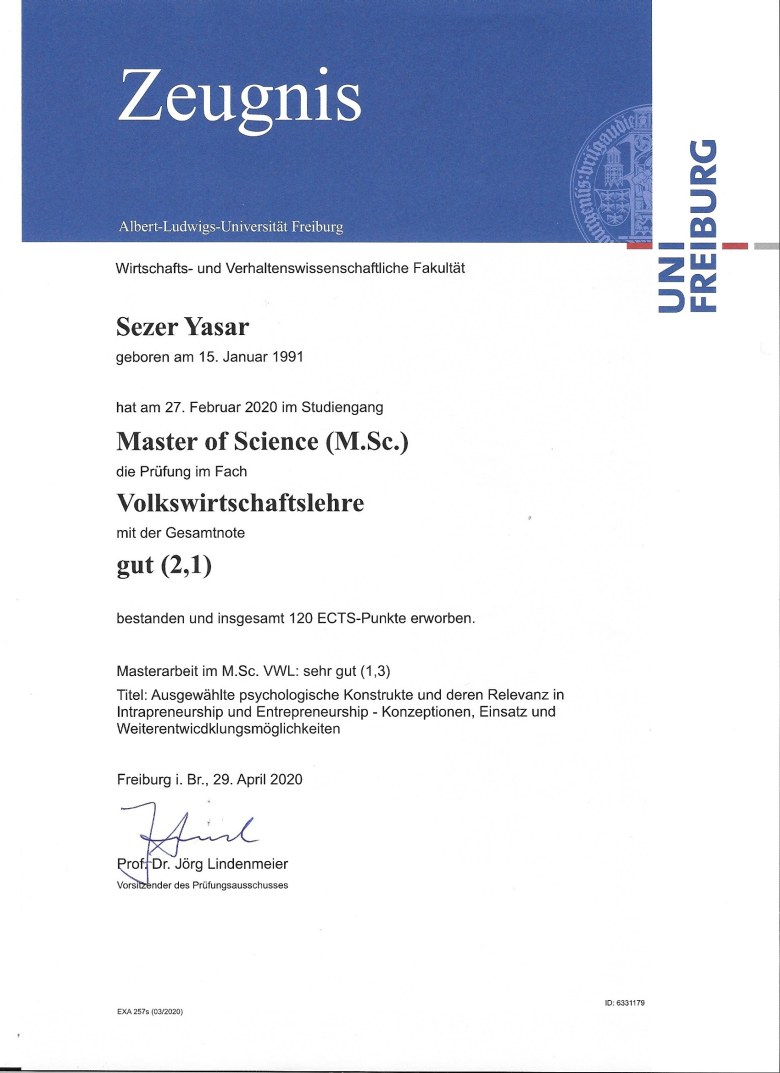 Zertifikat M.Sc. Volkswirtschaftslehre (Uni Freiburg)