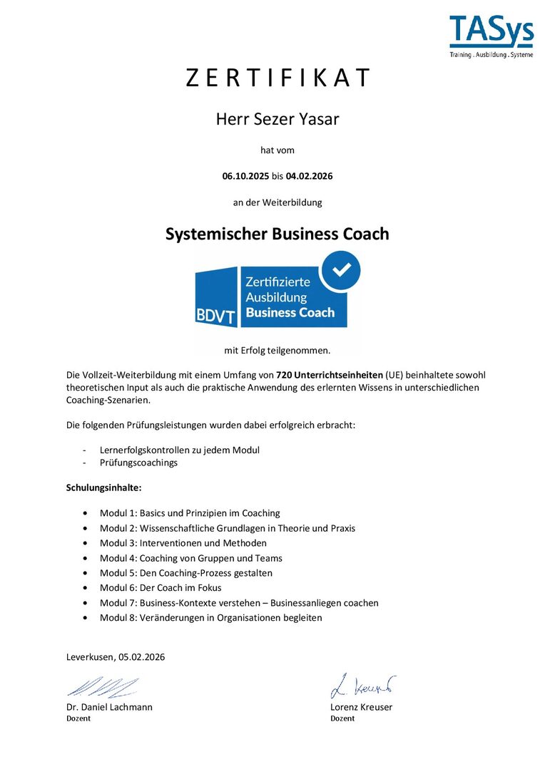 Zertifikat Systemischer Business Coach (TASys)